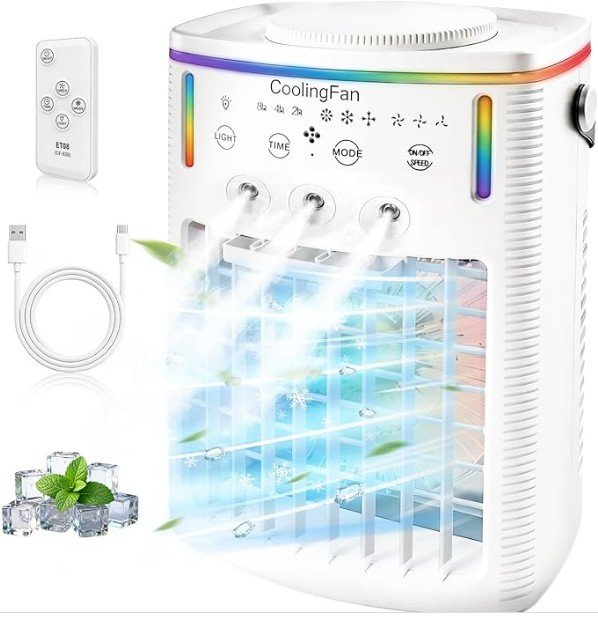 2026 New 4 IN1Portable Air Conditioner, Portable AC for Car, Portable AC for Bedroom with 3 Modes & 3 Speeds, 7-Color LED Light & Remote Control for Office, Camping & Travel (1)